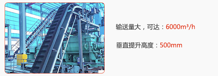 大傾角帶式輸送機(jī)輸送量大，可達(dá)：6000m3/h，垂直提升高度：500mm