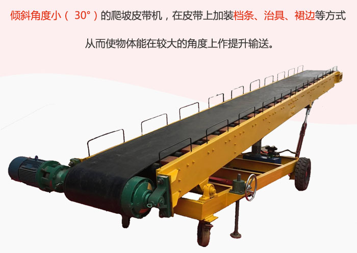 傾斜角度?。?30°）的爬坡皮帶機(jī)，在皮帶上加裝檔條、治具、裙邊等方式從而使物體能在較大的角度上作提升輸送。